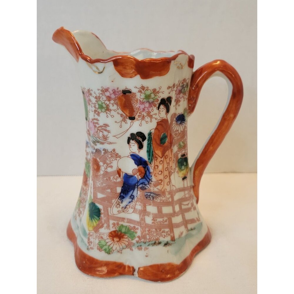 Antique Nippon Hand-Painted Porcelain Pitcher With Geisha & Floral Design 6"